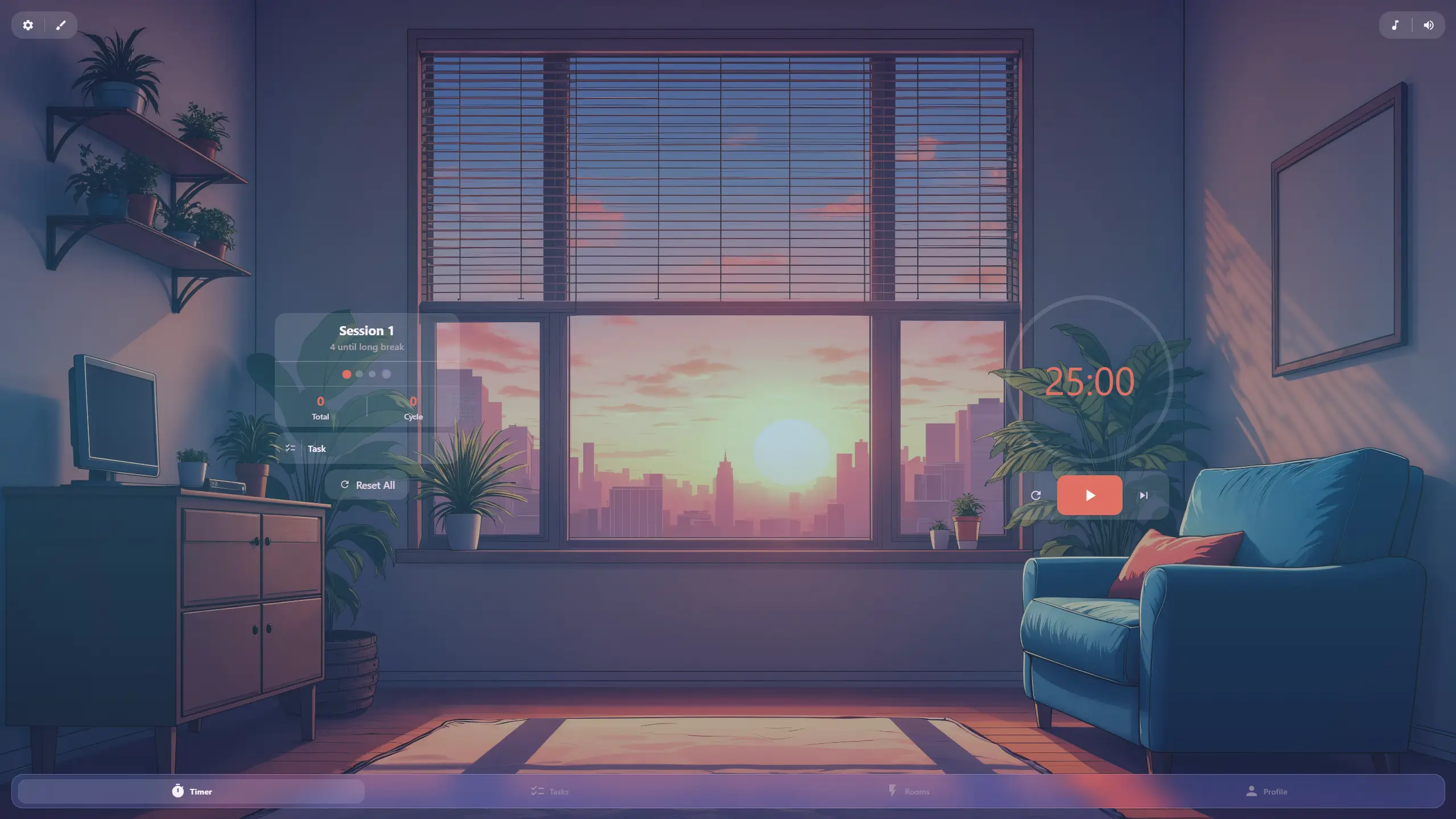 Kaizen Pomodoro timer interface showing a focus session with a LOFI illustrated theme and progress ring