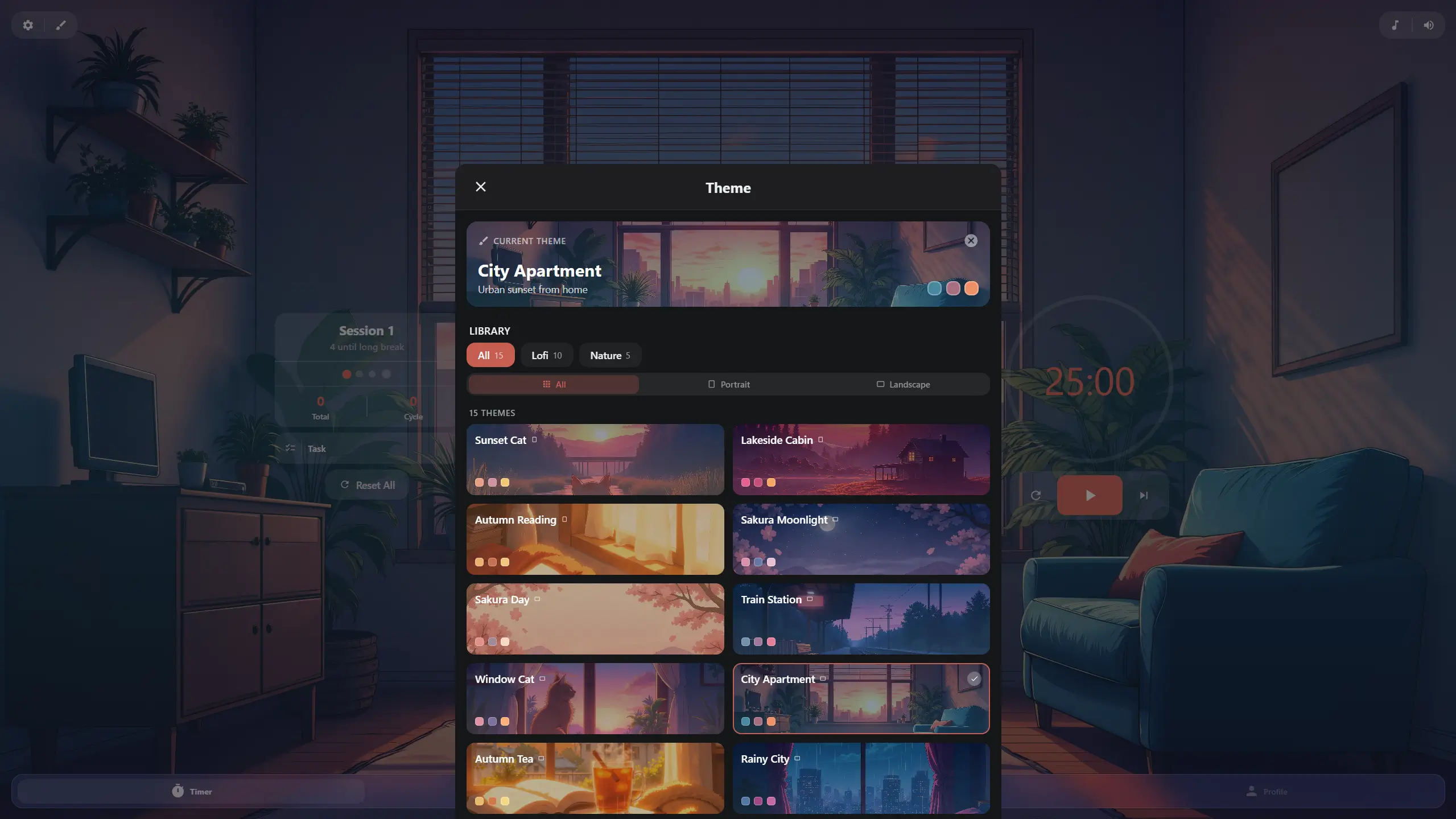 Kaizen theme selector showing LOFI illustrated and nature photography themes