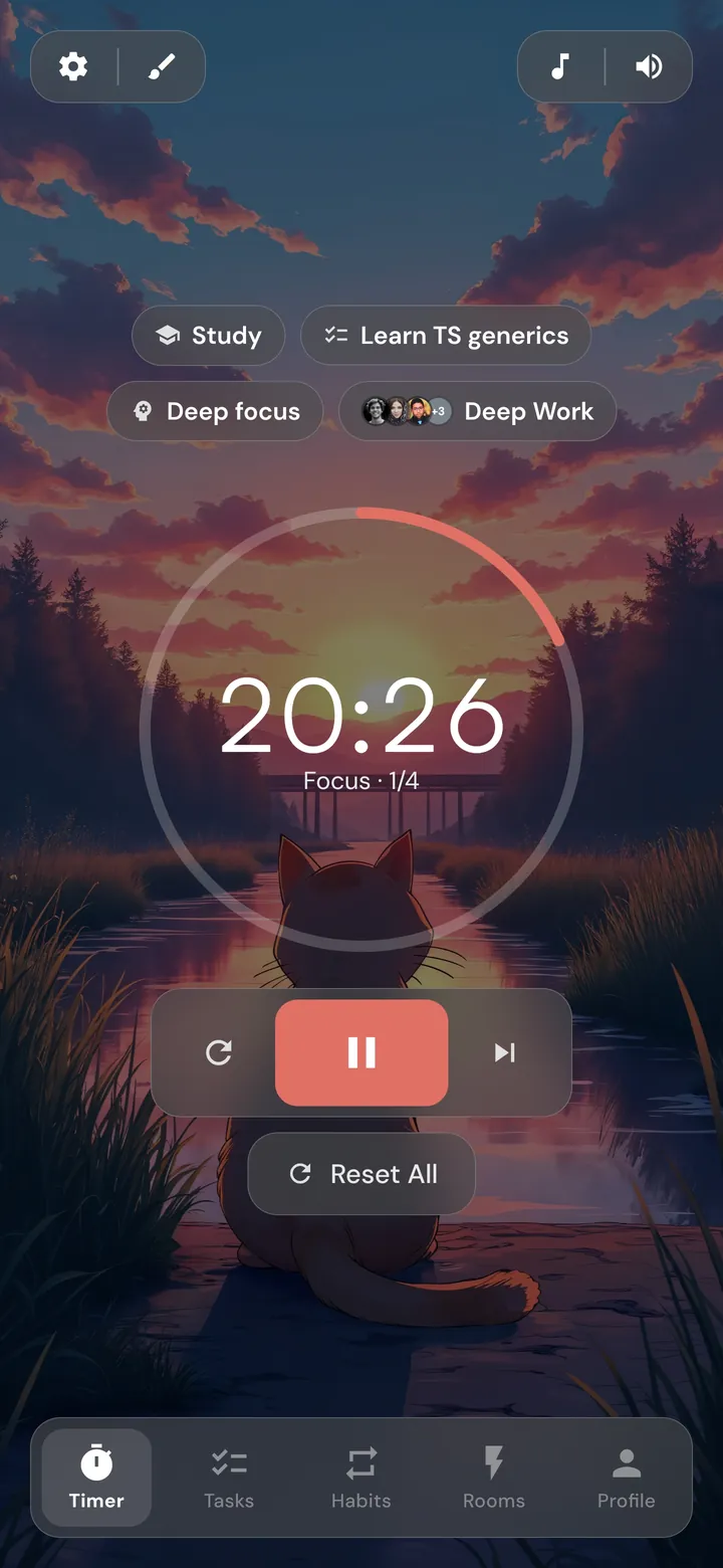 Kaizen’s timer screen: a focus session over an illustrated sunset